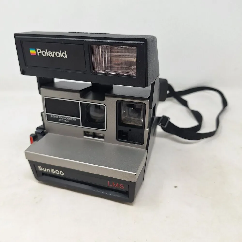 Polaroid Sun 600 Vintage Instant Film Camera Silver Black AutoFocus With Strap